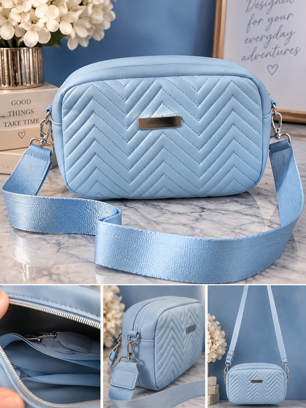 Quilted Chevron Crossbody Bag in Light Blue